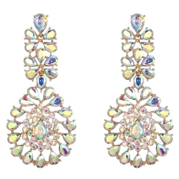 BijouStudios Earrings Jewelry - Yellow Gold with Iridescent AB Austrian Crystal Teardrop Chandelier Earrings